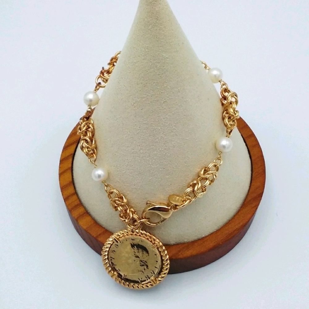Italian Pearl and Lira Coin Gold Sterling Necklace